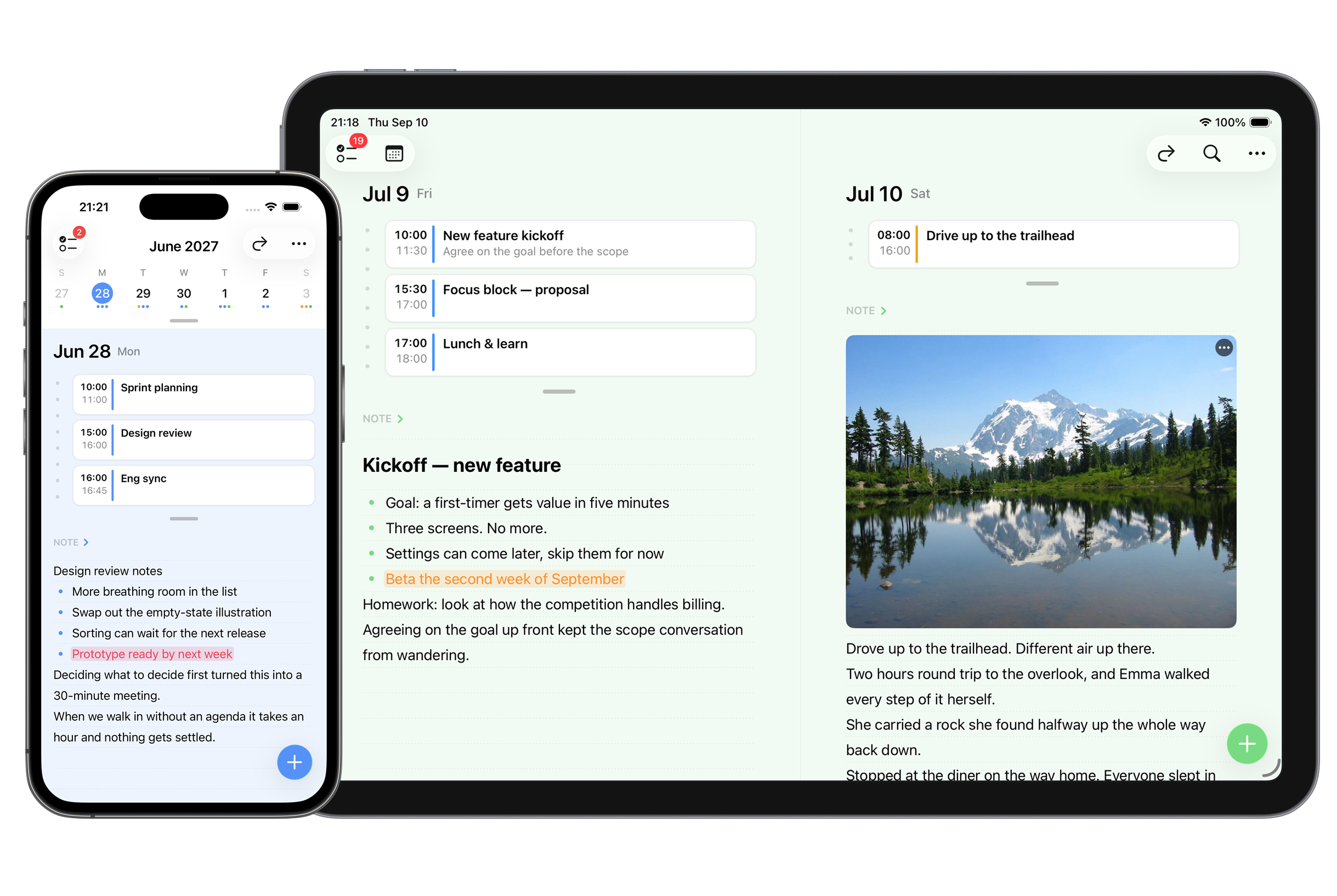 FirstSeed Planner showing events, todos and notes